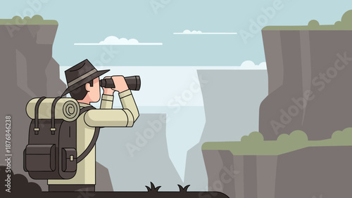 Adventurous Hiker Exploring Nature With Binoculars On Mountain Landscape