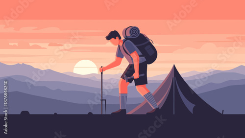 Adventurous Hiker Exploring The Mountainous Landscape At Sunset Near Camping Tent