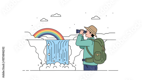 Adventurous Hiker Exploring Nature With Binoculars Near A Breathtaking Rainbow Waterfall
