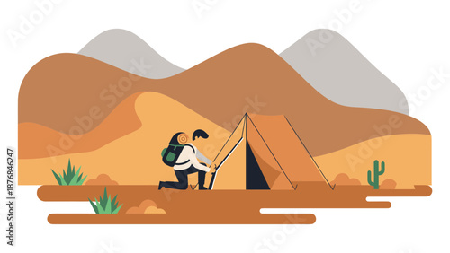 Adventurer Setting Up Tent In Desert Landscape With Mountain Views