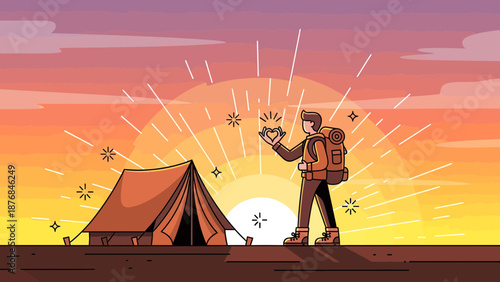 Adventurer Showing Affectionate Heart Signal Near The Camping In Picturesque Sunrise Backdrop