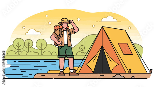 Adventurer Standing Near Camp Tent Enjoying Scenic Landscape Illustration