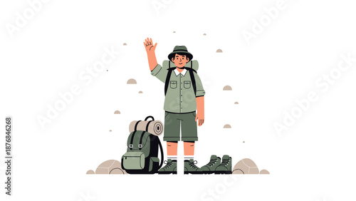 Adventurous Hiker Greeting With Backpack And Boots Ready For Outdoor Adventure