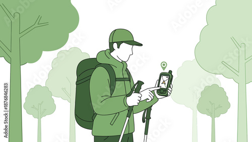 Adventurous Hiker Navigating Through Woods Using A Modern Gps Technology Gadget