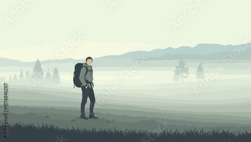 Adventurer Stands Alone In Misty Mountain Landscape Vector Graphic Illustration