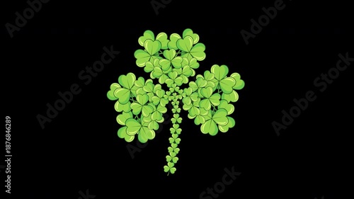 Many clovers forming a big clover, reveal of shape on transparent background