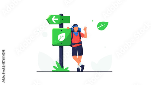 Adventurous Hiker Leaning On Directional Sign Representing Nature And Eco Tourism
