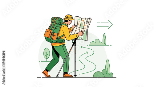 Adventurous Hiker Navigating Wilderness Trails Using Topographical Map And Hiking Poles