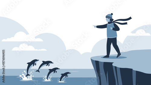Adventurer With Dolphins On Cliffside Gesticulating In Nature Exploration