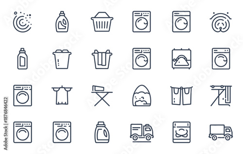laundry icon set featuring washing machine, detergent, ironing, fresh and clean symbols, designed as clean vector illustrations for household and service concepts.