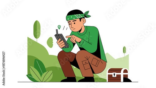 Adventurer With Navigation Device Seeking Hidden Treasure In Natural Setting