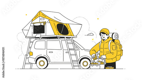 Adventurous Holiday With Rooftop Tent Camping Equipment Preparation Illustration