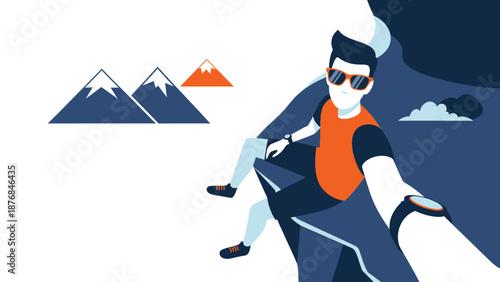 Adventurous Hiker Taking Selfie Against a Mountain Background on Outdoor