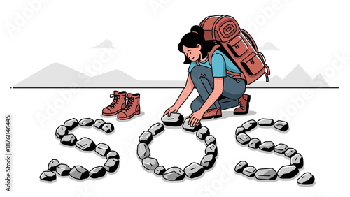 Adventurous Hiker Signaling For Help With Stone S O S During Remote Expedition