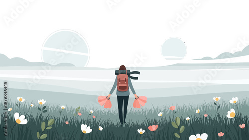 Adventurer Woman Enjoying Nature Scenery With Backpack Outdoor Adventure Illustration