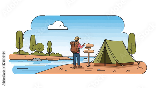 Adventurous Journey: A Hiker's Campsite By The Lakeside In An Outline Vector Style