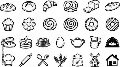 PrintBakery and Pastry Hand Drawn Icon Set, Fresh Bread, Croissants, Cakes, Kitchen Utensils, Wheat, Mill, Black Line Art Vector Illustrations, Isolated