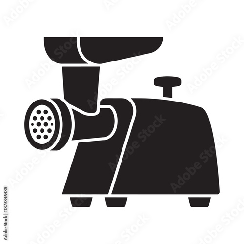 Simple black silhouette illustration of a vintage meat grinder appliance
