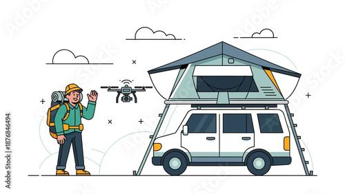 Adventurous Journey Camping With Roof Tent And Drone On Isolated Background