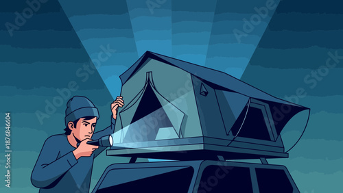 Adventures In The Dark Searching Tent Setup With Flashlight On The Car Roof