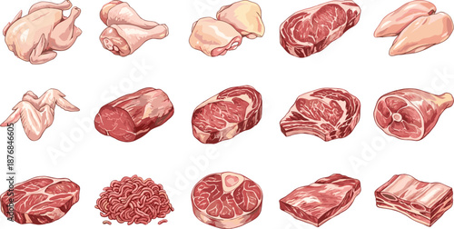 PrintCollection of fresh raw meat cuts including beef steaks, chicken poultry, pork chops, lamb, minced meat, and ribs isolated on white