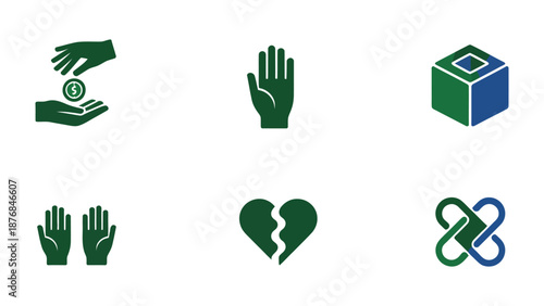 Iconic Expressions of Social Connection: A compilation of vibrant green graphic icons representing the core themes of charitable giving, heartfelt empathy, and unbreakable bonds.