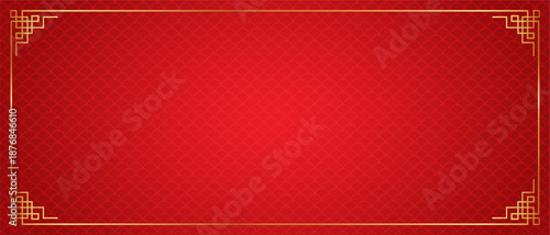 Red background with traditional Chinese scale pattern and gold border frame for Lunar New Year or Spring Festival celebration and oriental cultural events