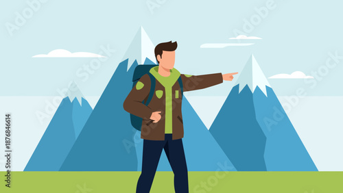 Adventurous Man Hiker Pointing on a Journey to Explore Peaks in Mountain Landscape