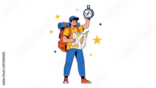 Adventurous Man Finds His Way on the Globe with a Compass and Backpack