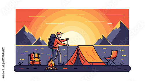 Adventurous Man Hiking Near Tent At Dusk In Minimalist Mountain Landscape