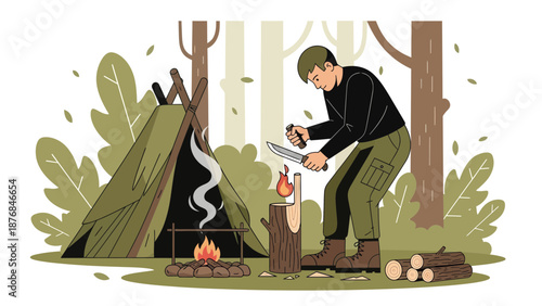 Adventurous Man In The Wilderness, Building A Campfire Near Tent Under The Trees