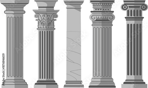 Greek and Roman classical architectural columns vector set, featuring Doric Ionic and Corinthian marble pillar style