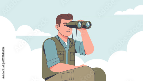 Adventurous Man Looks Through Binoculars Against a Sky Background