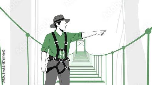 Adventurous Man On Suspension Bridge Pointing Towards Distant Destination