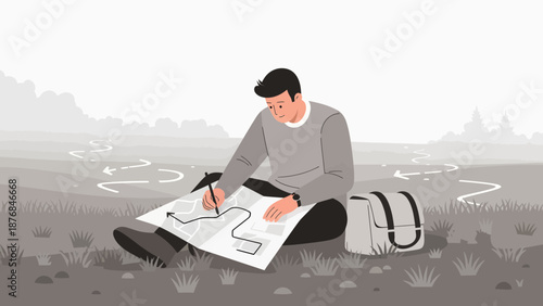 Adventurous Man Planning Expedition Route On Map Outdoor Amidst Scenic Landscape