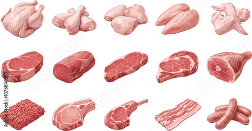 PrintCollection of fresh raw meat cuts including chicken poultry, beef steaks, pork chops, lamb, sausages, and bacon isolated on white