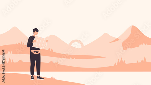 Adventurous Man Reading Route Map Amidst Dreamy Mountain Landscape Exploration
