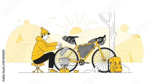 Adventurous Bikepacking Trip Amidst Nature With Portable Stove For Outdoor Cooking