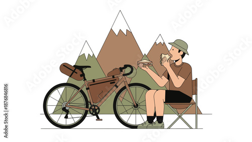 Adventurous Biker Enjoying A Sandwich Amidst Majestic Mountain Scenery Illustration