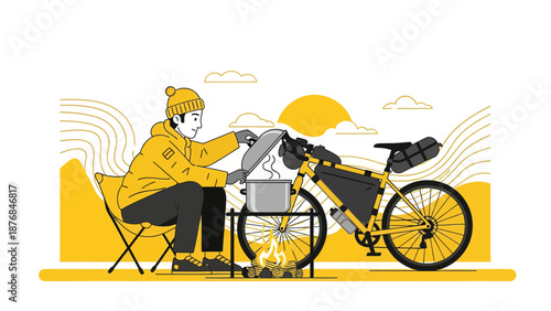 Adventurous Bicyclist Cooking Outdoors During a Bikepacking Trip Minimalist Design
