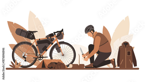 Adventurous Biker Preparing Kindling During Overland Cycling Adventure in The Wilderness