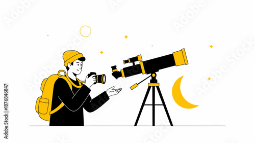 Adventurous Photographer Capturing Celestial Wonders Through Telescope And Camera