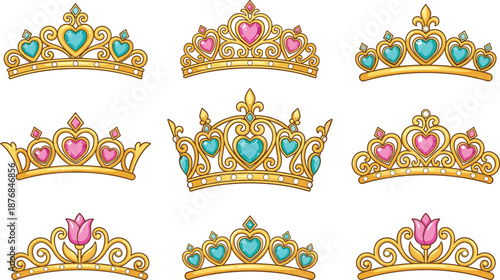 PrintGold Princess Tiara Set with Pink Hearts, Blue Gems, Royal Queen Crown Vector, Fleur de Lis Accents, Fairy Tale Accessories.