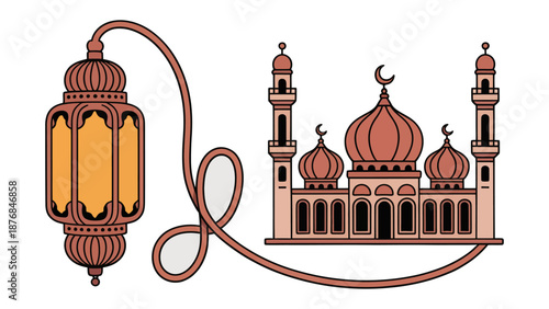 Ramadan Lantern and Mosque: An inviting vector illustration of a Ramadan lantern casting a warm glow upon a detailed mosque, symbolizing faith and festive celebration.