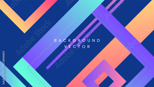 Abstract geometric background or colorful backdrop with overlapping square shapes and diagonal lines on dark blue or navy for modern tech poster and vibrant corporate design