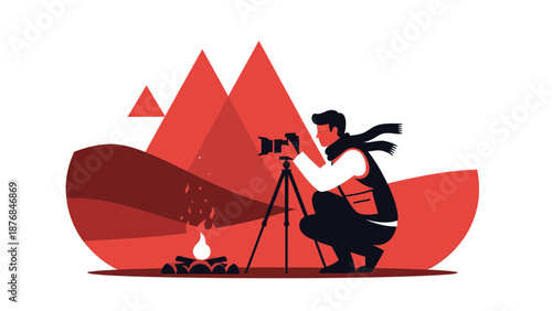 Adventurous Photographer Capturing The Majestic Mountains Landscape With Cozy Campfire