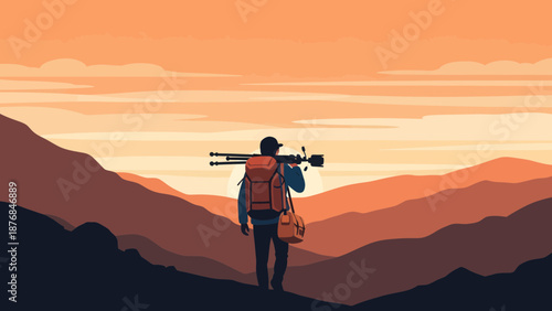 Adventurous Photographer Exploring Mountainous Landscape At Sunset With A Tripod