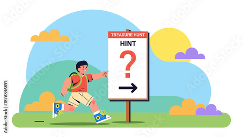 Adventurous Boy On Treasure Hunt Following Clues And Finding Direction