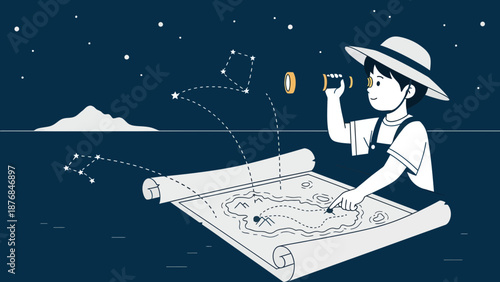 Adventurous Boy Navigating Stars And Treasure Map Seeking Fantasy And Childhood Dreams