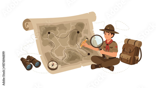 Adventurous Boy Scout Planning A Hike Adventure Using A Trail Map
